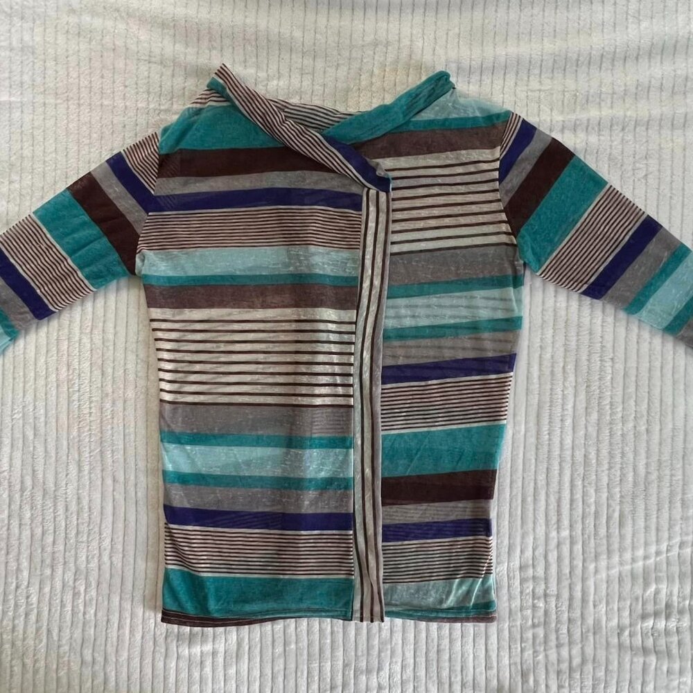 Size XL Blue/Brown 3/4 Sleeve Striped Shawl By Gulang
